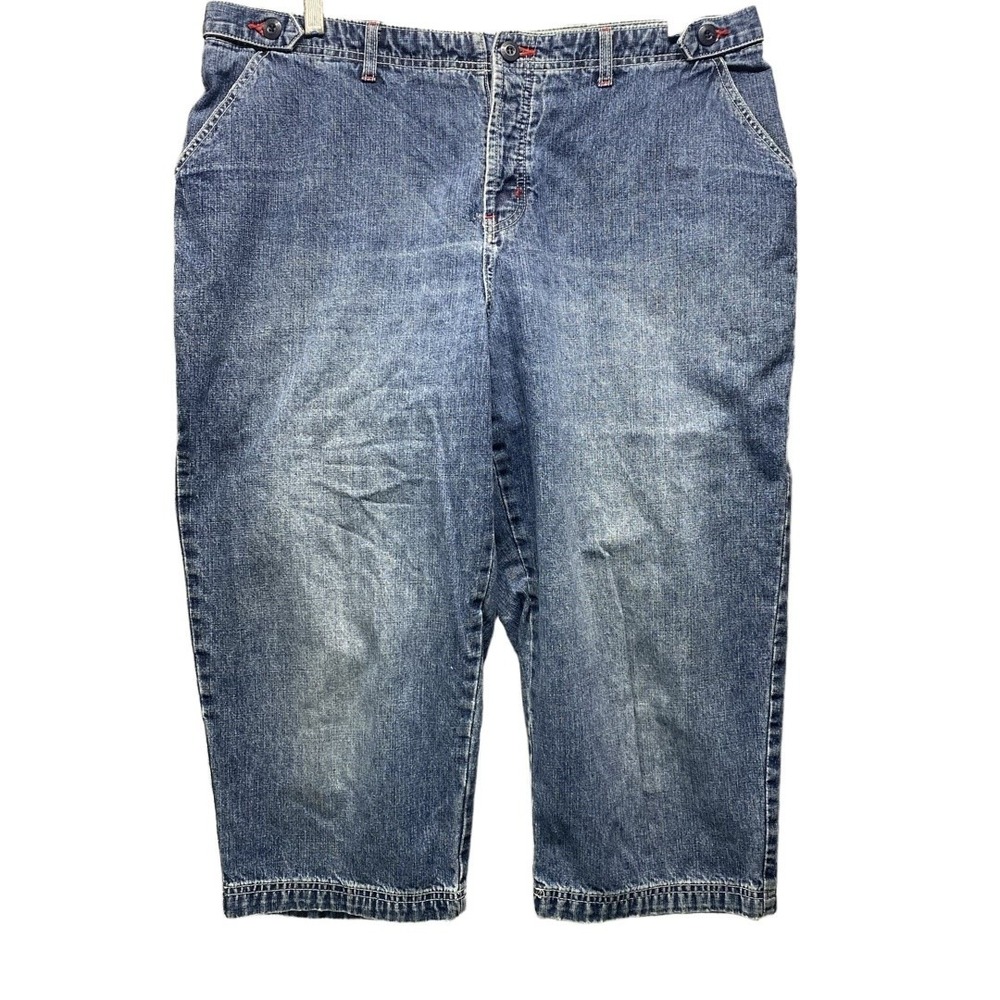 ROUTE 66 Capris Womens Size 18W Blue Denim Cropped Faded Red Stitching‎ Casual